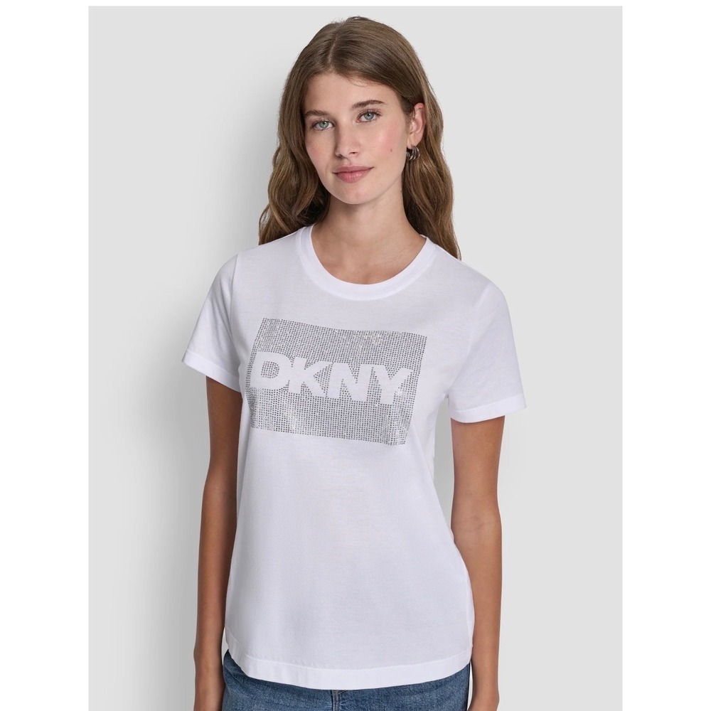 DKNY Womens White Rhinestone Logo Graphic T-Shirt Medium New With Tags